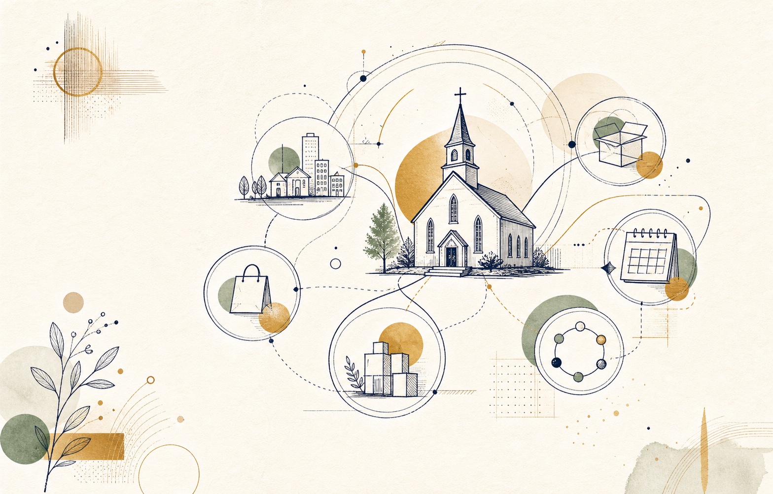 An illustrated map of a church at the centre of its local economy: partners, an online store, seasonal campaigns, and community giving